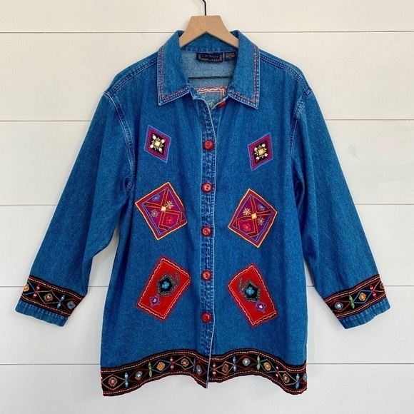Life Style Y2K Embroidered Patchwork Denim Jean Button Down Shacket Jacket Shirt - Picture 3 of 10